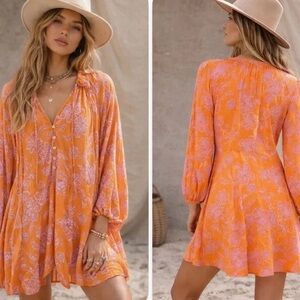 XiRENA Bright Orange Pink Floral Long Sleeved Mini Dress